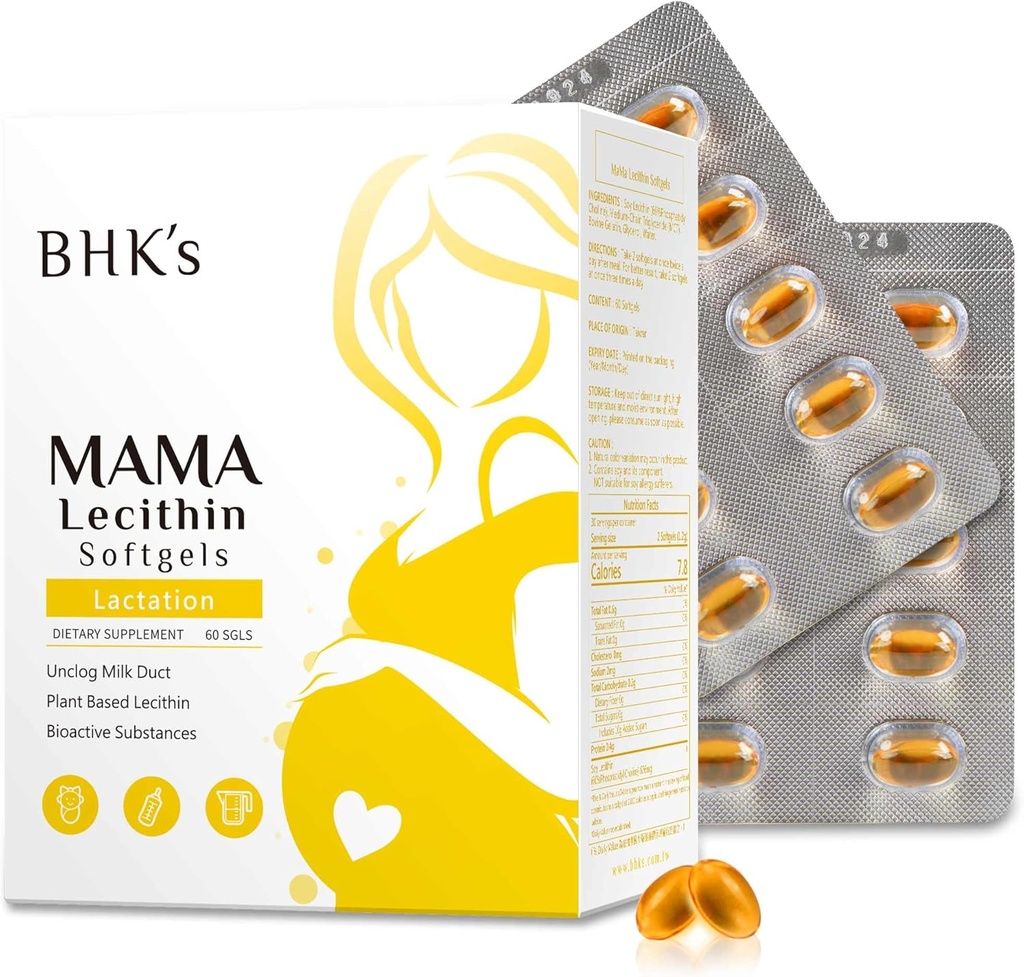 BHK的妈妈Lecithin软胶,用于更平滑的母乳喂养的Unclog 乳腺,孕期补充,避免堵塞的奶腺,60个软胶,双周供应