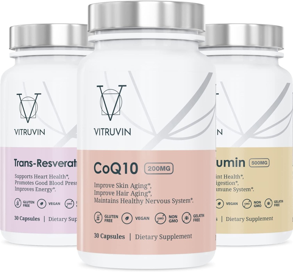 Vitruvin Beauty + Comfort Pack COQ10 200mg + Trans- Resveratrol 500mg + Curcumin 500mg, Vegan, Non-GMO, Gluten-Free, Gelatin-Free. Healthy Skin, Hear, Joints and Brain