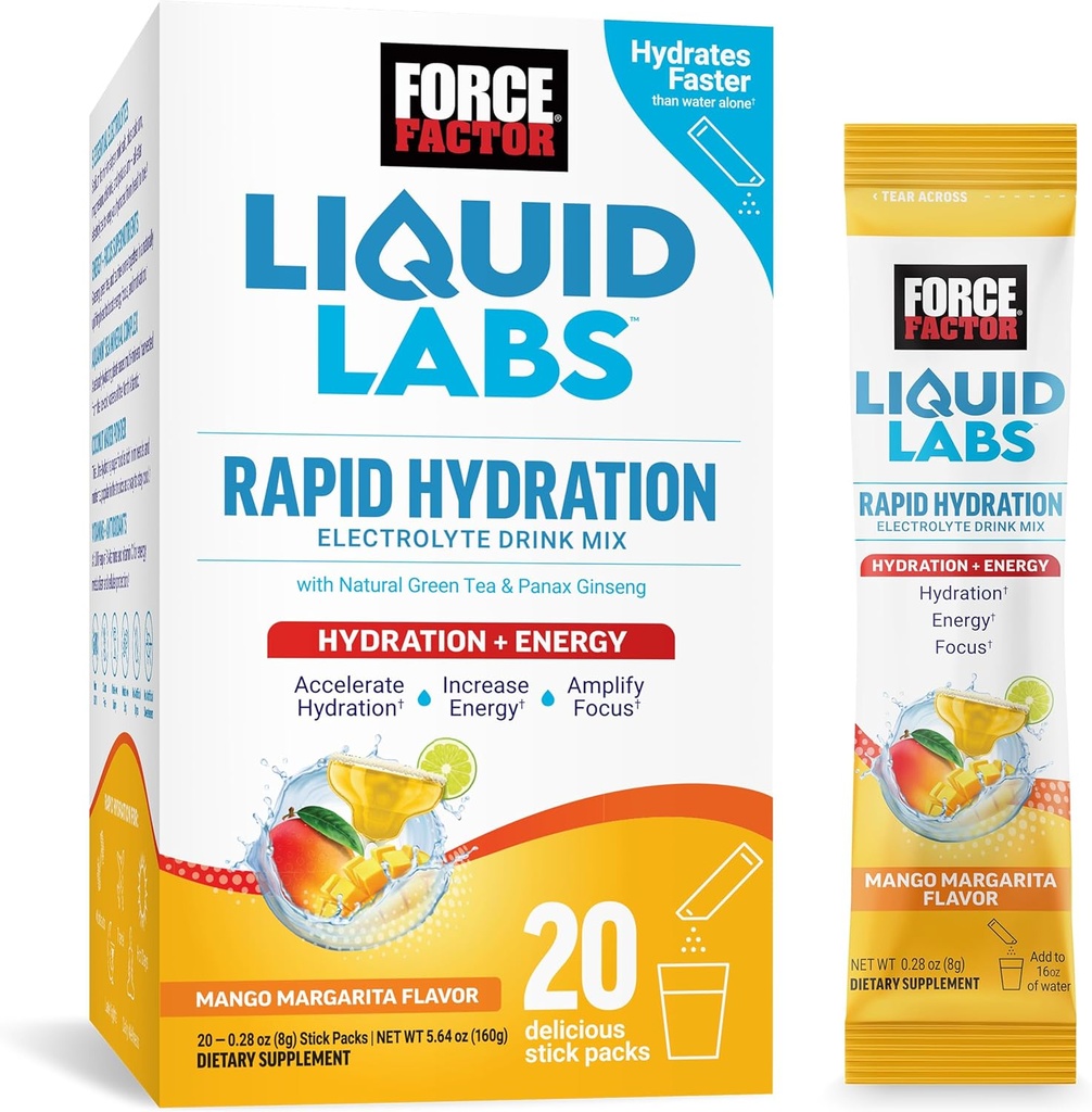 Force Factor Liquid Labs Electrolytes Powder Packets—Mango Margarita—Energy Hydration Packets to Make Electrolyte Water with 5 Essential Electrolytes, Vitamins, Minerals & Antioxidants, 20 Stick Packs
