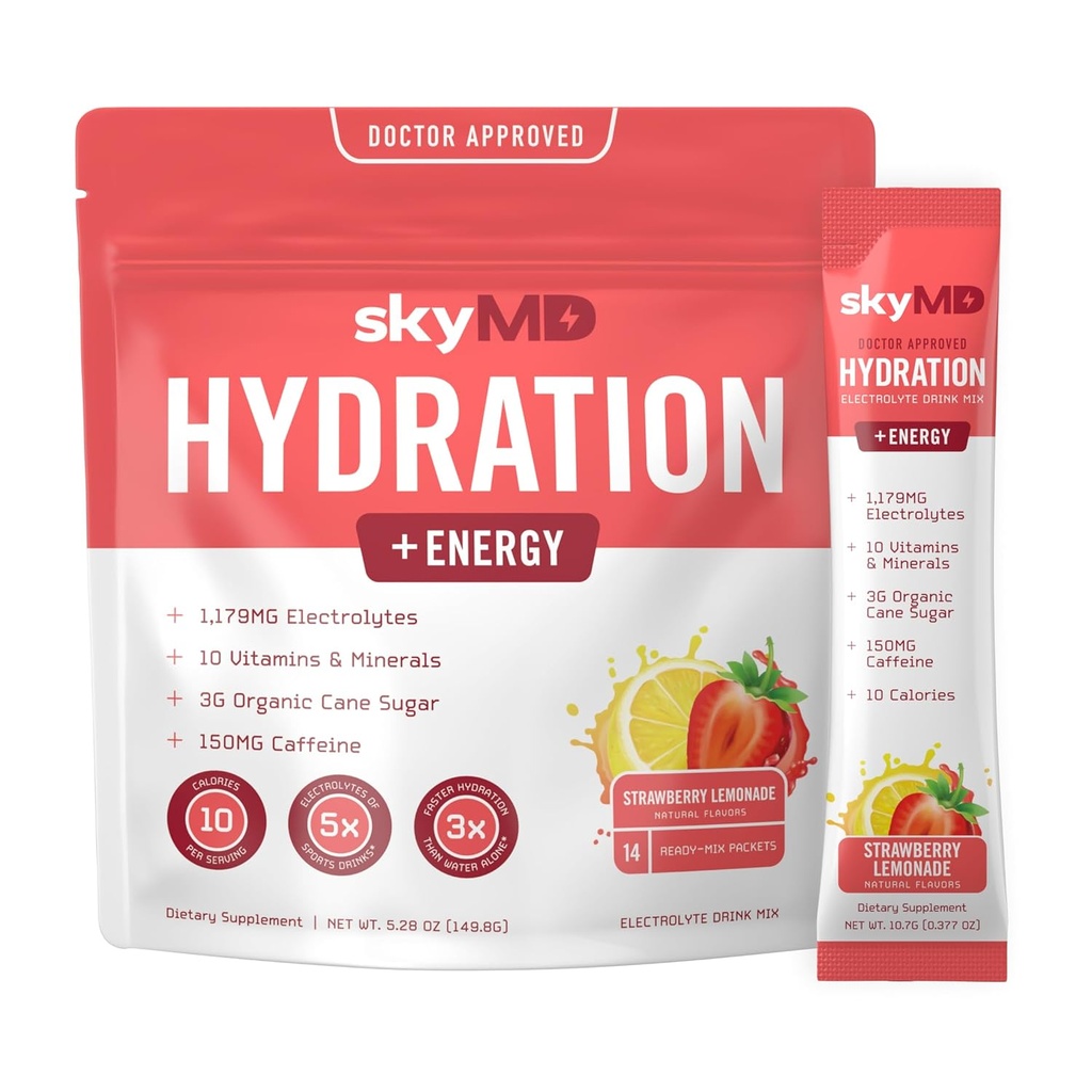 SkyMD 水利 + 能量 + 电解质粉包 → 低糖,钠, 10卡路里 → 10 维生素和矿物 + 150g 咖啡因 增加重点和性能 + 草莓柠檬汁 + 14 棒