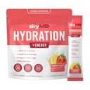 SkyMD 水利 + 能量 + 电解质粉包 → 低糖,钠, 10卡路里 → 10 维生素和矿物 + 150g 咖啡因 增加重点和性能 + 草莓柠檬汁 + 14 棒