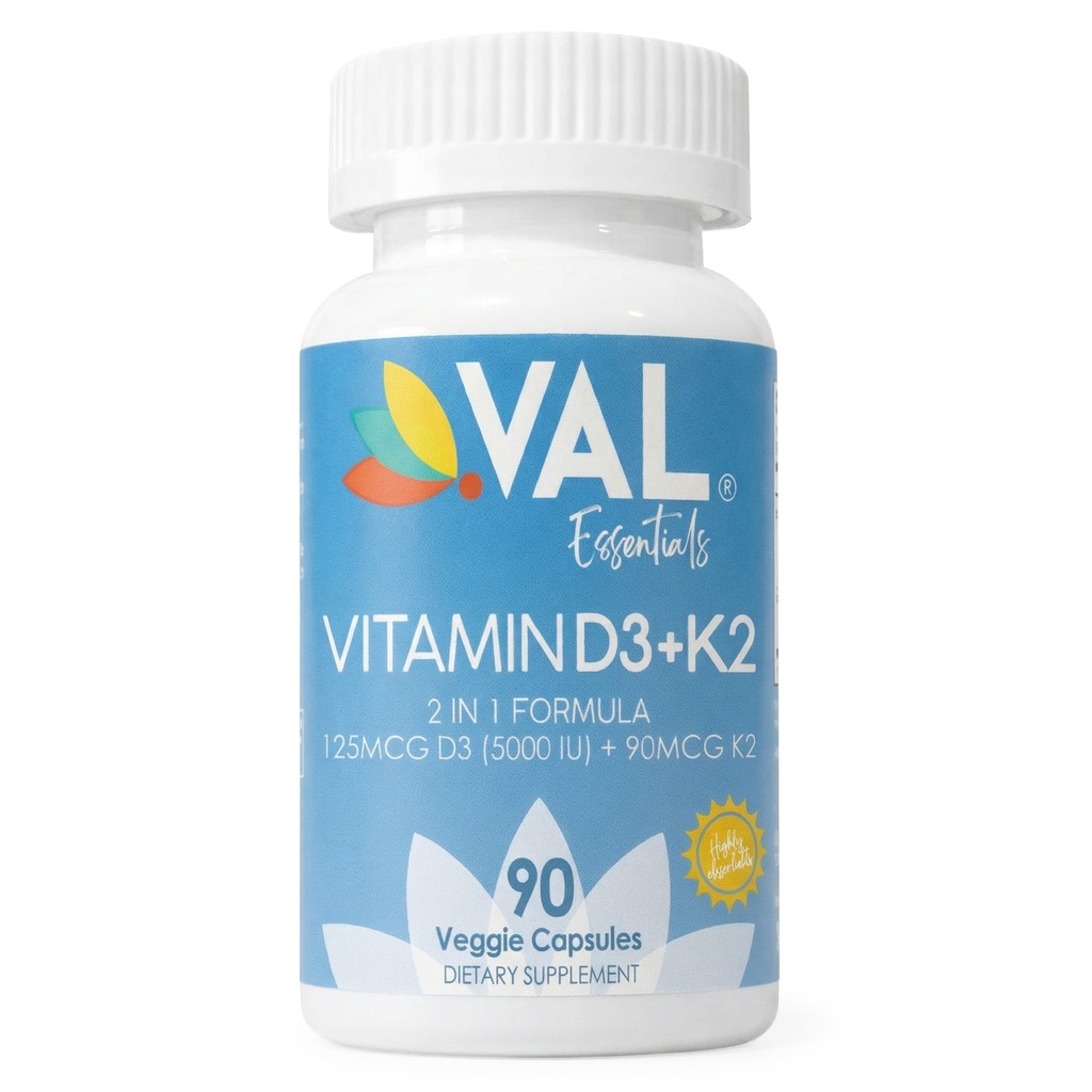 VAL维生素D3 + K2(MK-7)5000 IU & 90 mcg – Bone & Heart Health Supports – High Potency, Non-GMO, Easy to Swallow – 90 Vegan Capsules – D3 K2 Supplement in USA (英语).