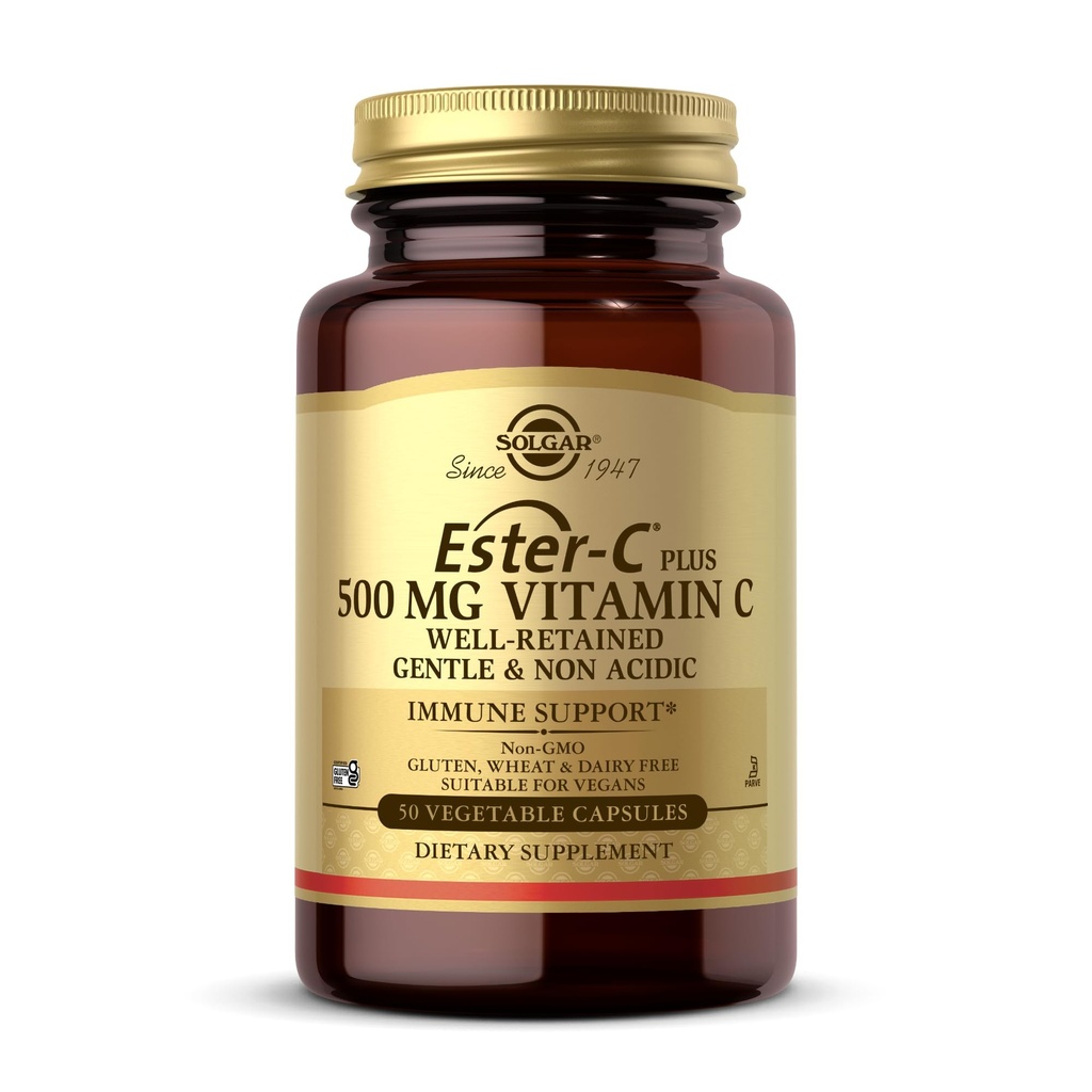 Solgar Ester-C Plus 500 mg Vitamin C (Ascorbate Complex) - 50 Vegetable Capsules - Gentle & Non Acidic - Antioxidant & Immune Support - Non GMO, Vegan, Gluten Free, Kosher - 50 Servings
