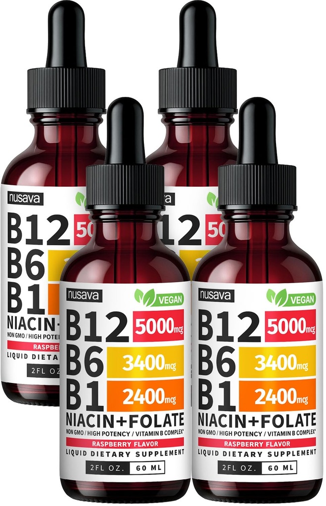 (4包) 维生素B12和B6液滴,B12 亚语维生素B复合体 - B12 维生素5000mcg - B12 甲基Cobalamin for Energy, Brain, and Heart Supports, 27,200mcg, 草莓, 80 services