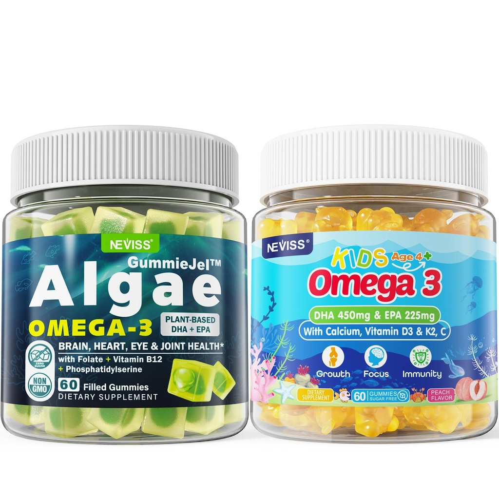 Vegan Omega 3 Gummys 1 Pack + 无糖 Omega 3 Gummys for Kids 2 Pack