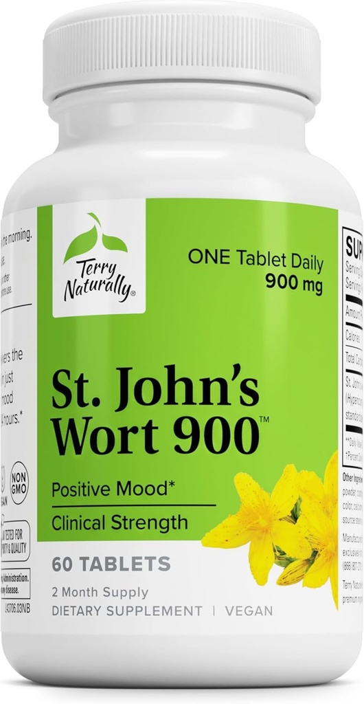 Terry自然圣约翰虫 900-60 片 - 提供全临床剂量 - 非GMO, Vegan, Gluten Free - 60 服务