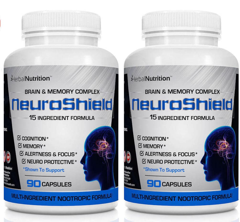 NeuroShield, Brain 补充一种诺诺氏脑促进剂和记忆补充剂,包含Huperzine A, Ginko Biloba, Bacopa Plus 抗氧化剂用于脑健康, 多成份, 2瓶, 180 Capsules
