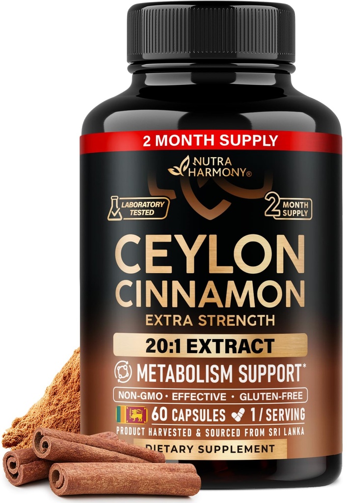 Ceylon Cinnamon Capsules - 外力 - 能量心与代谢 支持男女 - 纯天然 Cinnamon 20:1 摘录补编 - GMO & Gluten Free - 在美国制造 - 60 Capsules 2个月