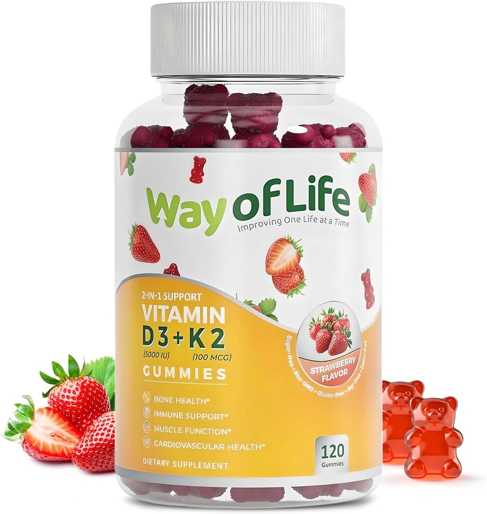 维生素D35000 IU(125 mcg) + K2(MK-7) 100 mcg 无糖胶,草莓 - 120个计数,骨和成年人的心脏健康,肌肉真菌,佩克丁,味觉,楚伊,非GMO,无糖胶,无胶素