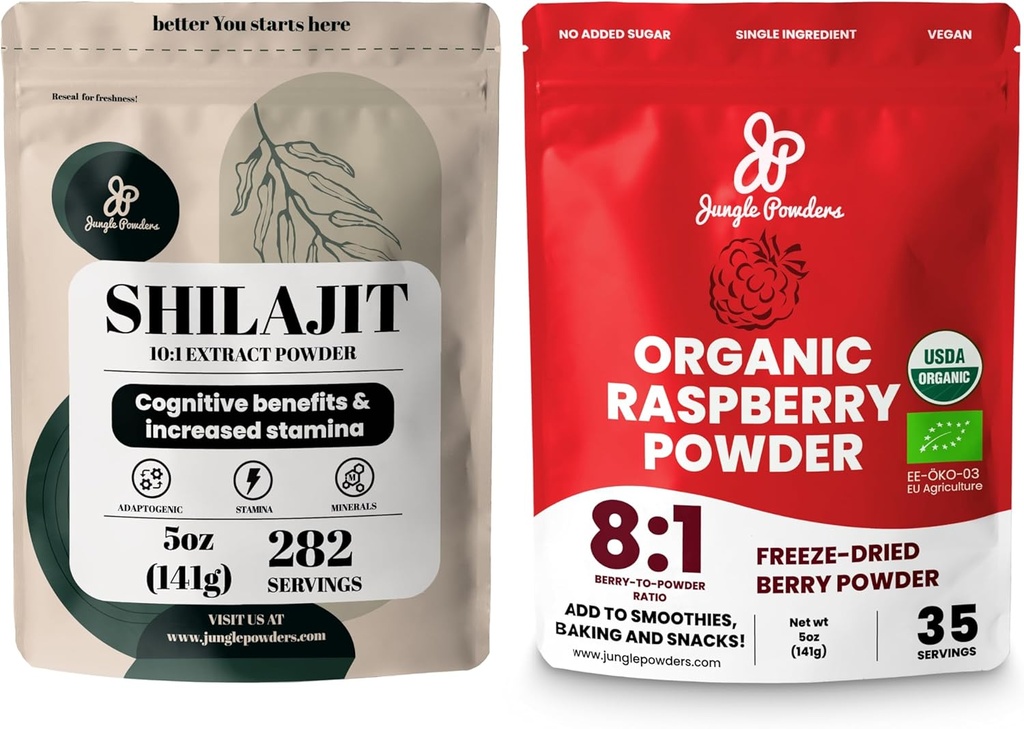 丛林粉末超级食品盒:5oz Raw Shilajit & 5oz Organic Raspberry Powder Combo - 男子能源支持,Imune Boost,USDA 认证的冻结-烤肉,滑块的红色Raspberry