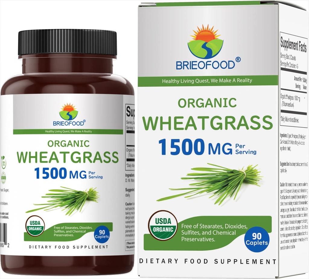 Brieofood 有机小麦草 1500 mg, 45 services, 蔬菜, Gluten Free, 90 蔬菜片