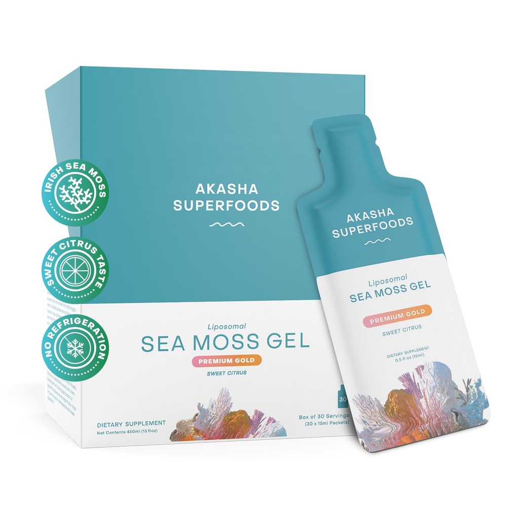 Akasha Superfoods Irish Sea Moss Gel, Liposomal Seamoss with Irish Sea Moss, Vitamin E, Citrus, Organic Vanilla, Glycerin, Skin, Energy & Gut Health Support for Women & Men, Sweet Citrus Flavor, 30 Ct