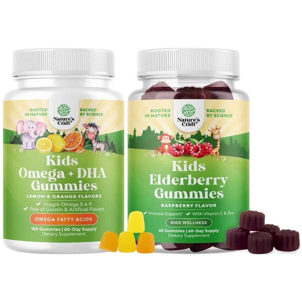 Bundle of Omega DHA Gummies for Kids - Fatty Acids Omega 3 6 9 with Vitamin C for Brain, Immunity & Vision and Sambucus Elderberry Gummies for Kids Health with Zinc & Vitamin C for Immune Support