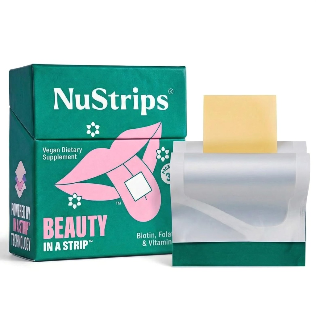 NuStripsTM 快速解析美容带 Biotin, Folate & Vitamin E – 头发,皮肤和钉子补充剂 – 支持头发生长和减少头发跌落 – 非GMO, Vegan – 美味草莓 – 30条