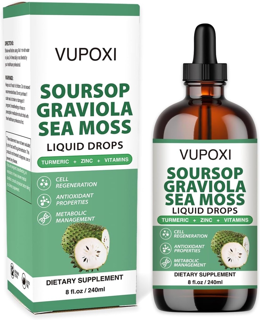 Soursop 多维他明液滴 细胞支持和再生, Imune boost, Dietary Fiber and Sleep, Organic Soursop 提取- Sugar Free, 非GMO, 100% Vegan, Gluten- Free-8 Fl Oz/240 ML