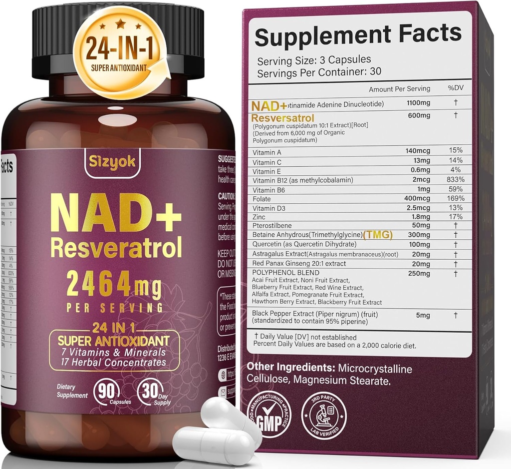 NAD 补充 1100mg 纯有机物, Liposomal NAD Resveratrol 补充 女性和男性,促进 NAD+ 养老防御,细胞能量,焦点 - 超抗氧化剂, 90 Capsules