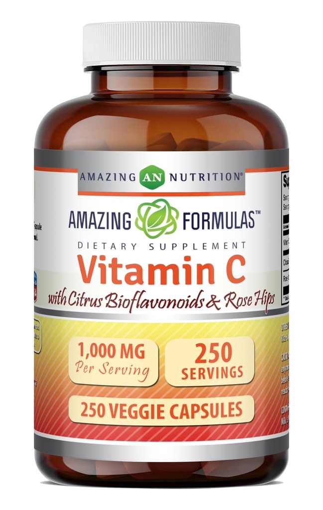 配有Rose HIPS & Citrus Bioflavoids的维生素C神奇配方 = 1000 Mg / 服役补充品 = 250 Veggie Capsules = = 非GMO = 在美国制造