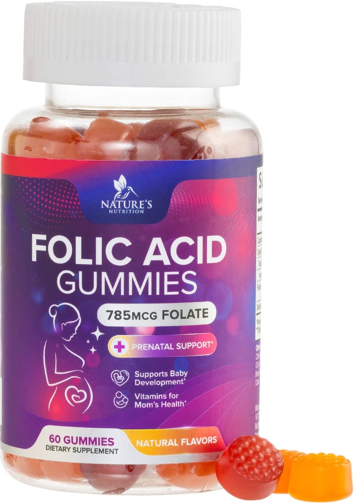 Folic Acid Gummies for Women - Folate 785 mcg Per Serving - Essential Prenatal Vitamins for Mom & Baby, Vegan Folic Supplement Gummy, Daily B9 Vitamin, Before During After Pregnancy - 60 Gummies