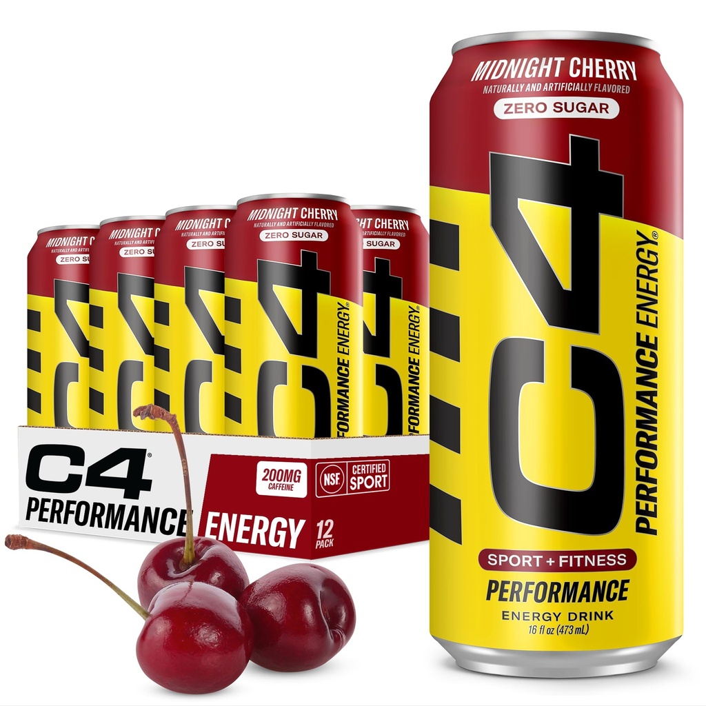 C4 能量碳化 零糖能量饮料 预工饮料 + Beta Alanine 午夜樱桃 16 Fl Oz(12包)