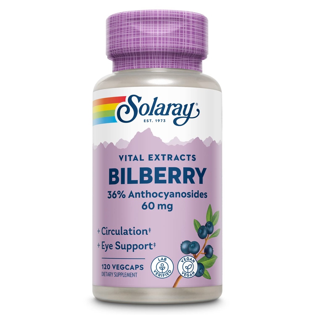 SOLARAY Bilberry Berry 抽取 60 mg per Capsule, 强抗氧化剂, 健康视觉和循环的保障可能性 120 Veg Caps