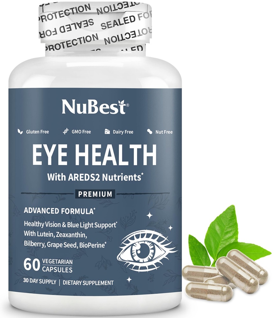 NuBest AREDS 2 Eye Vitamins with Beta Carotene Carrot Powder, 20mg Lutein, 4mg Zeaxanthin, Bilberry, Grape Seed, BioPerine, B-Complex, Multivitamin for Eye Health | 1 Month Supply