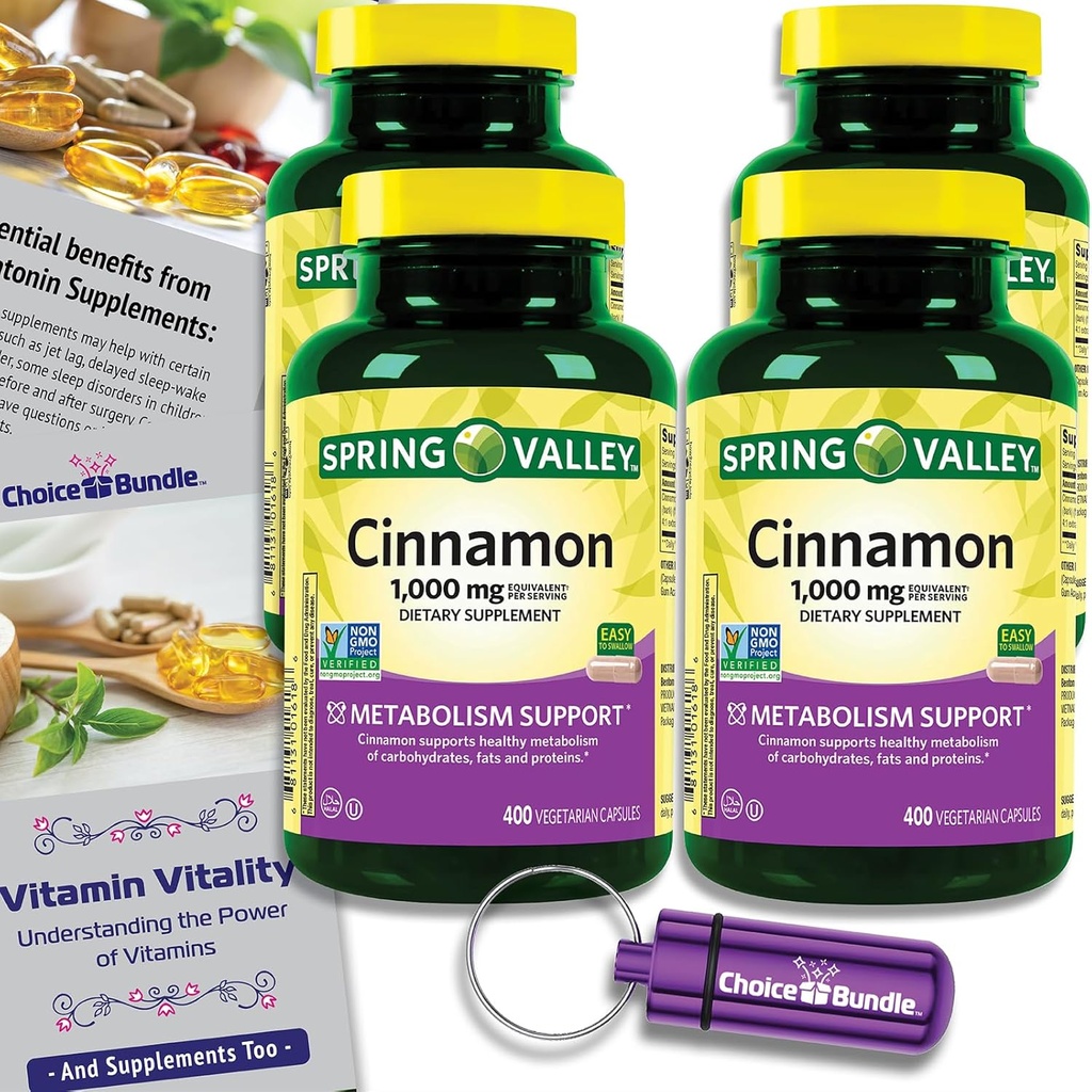 Choice Bundle Spring Valley Cinnamon Editary Supplement 1000 mg 400 ct Vegetarian Capsules 4 pk(1600 共计) + “维生素生命力”指南和药剂容器(6个项目)!