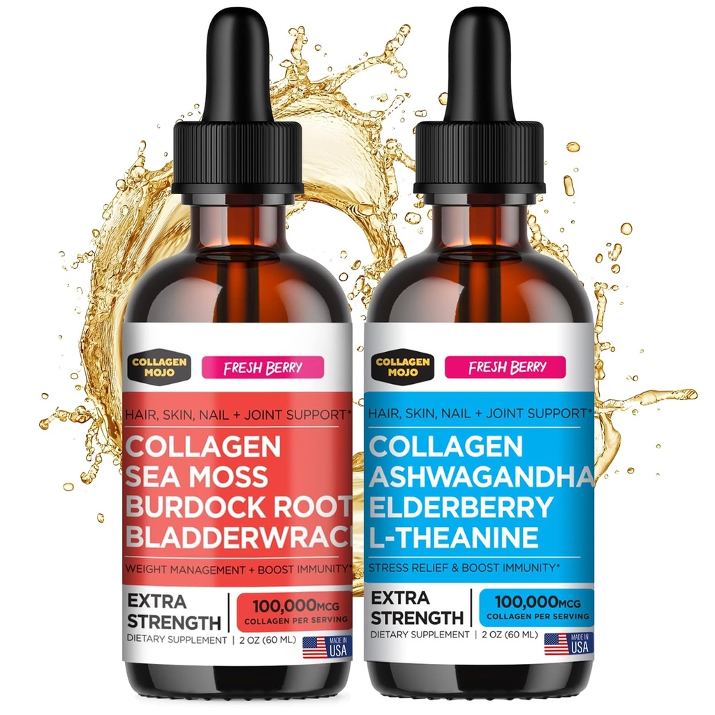 Collagen Mojo 液态Collagen Peptides with Sea Moss, Burdock root & Bladderwrack + 液态Collagen Peptides with Ashwagandha, 长老莓 & L-Theanine 等