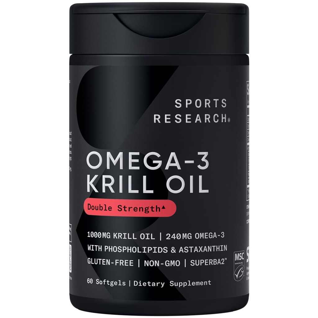 Sports Research Krill Oil Supplement with EPA & DHA Omega 3, Phospholipids & Astaxanthin from Antarctic Krill - Highest Concentration of Krill Oil for Men & Women - 1000mg, 60 Softgel Capsules