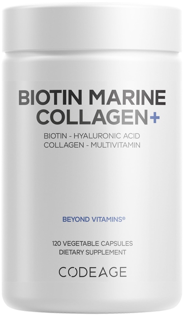 Biotin Marine Collagen Peptides - 野生捕捉海洋Collagen类型I & III, Biotin, 维生素C & E, Hyaluronic Acid, 氨基酸, 水果和草药混合物, 非GMO - 120 Capsules