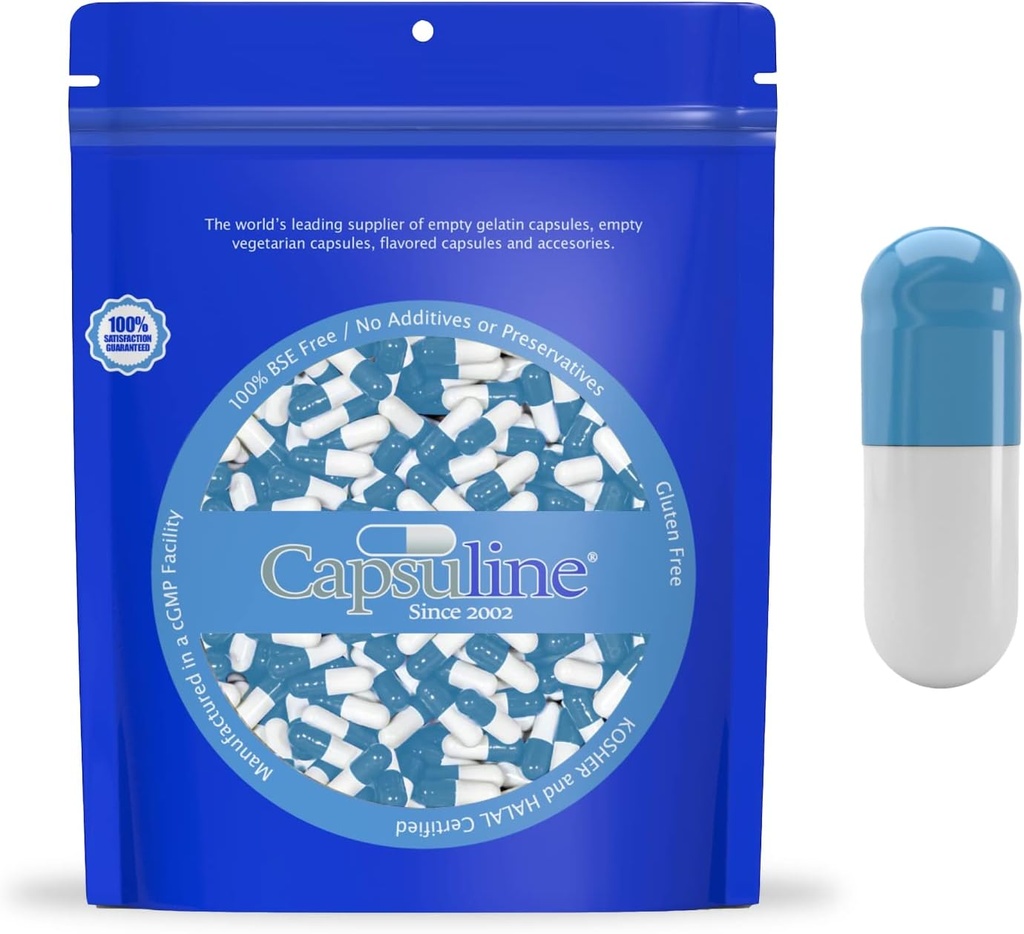 Capsuline 彩色尺寸 0 空 Gelatin Capsules Blue/ White 5000 伯爵 & Kosher & Halal 认证 & Gluten Free