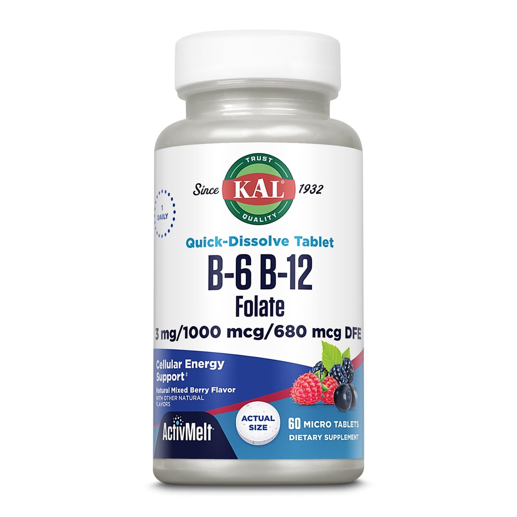 KAL 维生素B-6, B-12 & Folic酸补充剂,心脏健康,能量和红血球支持*,配有维生素B12 Methiccobalamin & Folate,天然贝里火焰,60 服务,60 ActivMelt 微片