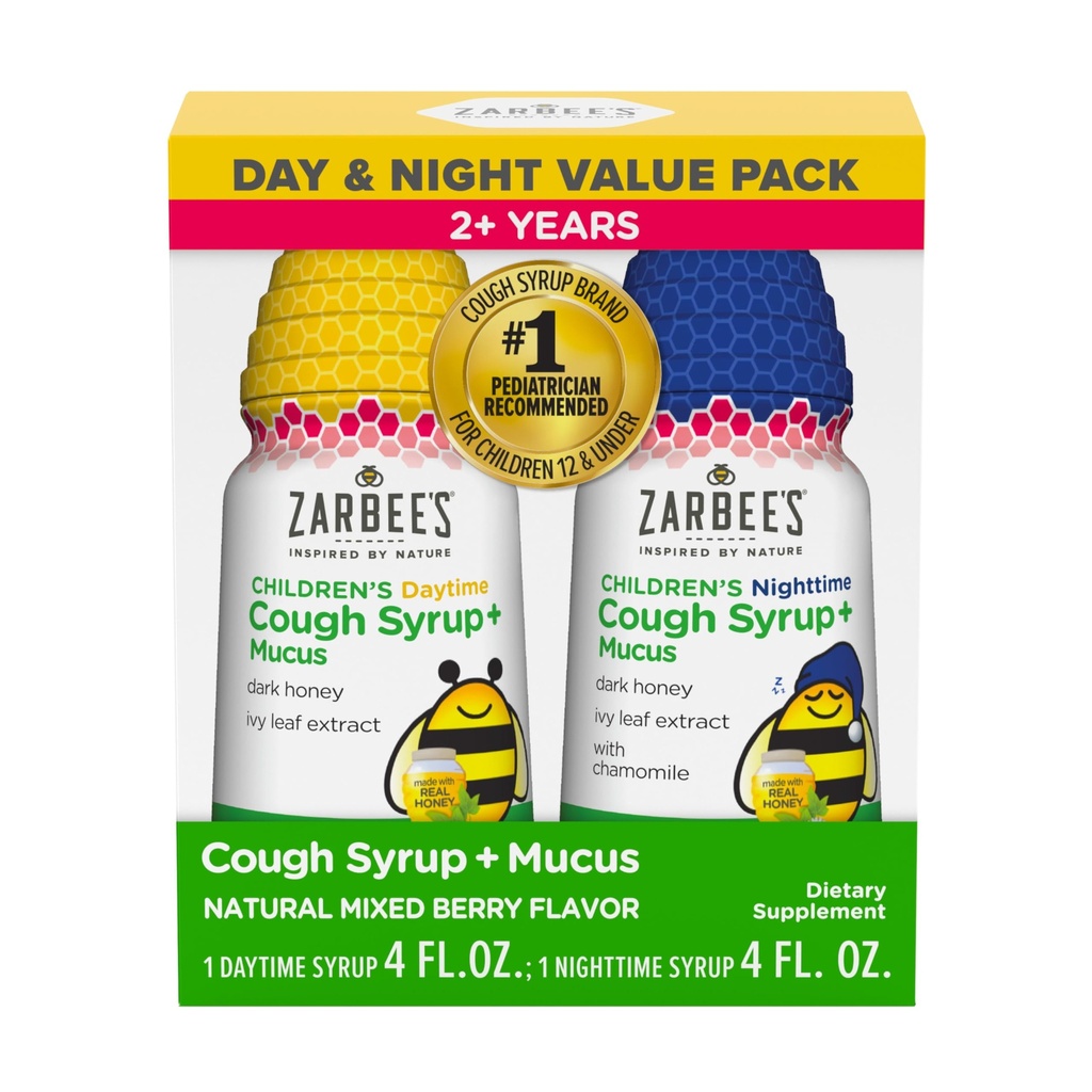 Zarbee's Children's Honey Cough Sryup + Mucus Day & Night 价值包装, 白天 & Nighttime Toddler Cough Syrup, 暗蜂蜜, 常春藤叶提取, 香蜜酒, 混合莓花, 2X 4 Fl Oz