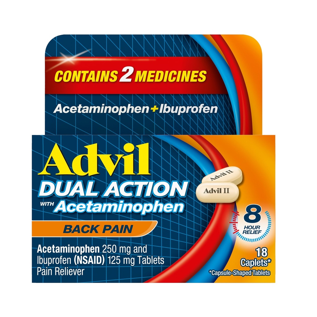 双倍行动回痛卡片 运送250mg Ibuprofen 和 500mg Acetaminophen per dose 8小时的回痛救济 - 18个计数