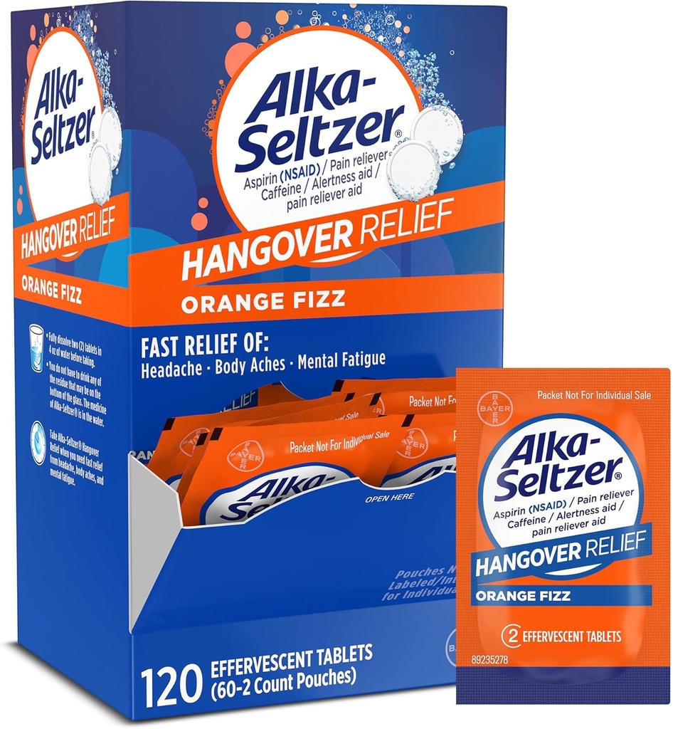 Alka-Seltzer Hangover Relief 牌匾, 快速 Relief Starts in about 15 minutes for headches, Body Aches & Mindle Fatigue, 百事党和百事党, Dispenser Pack, 120 Count