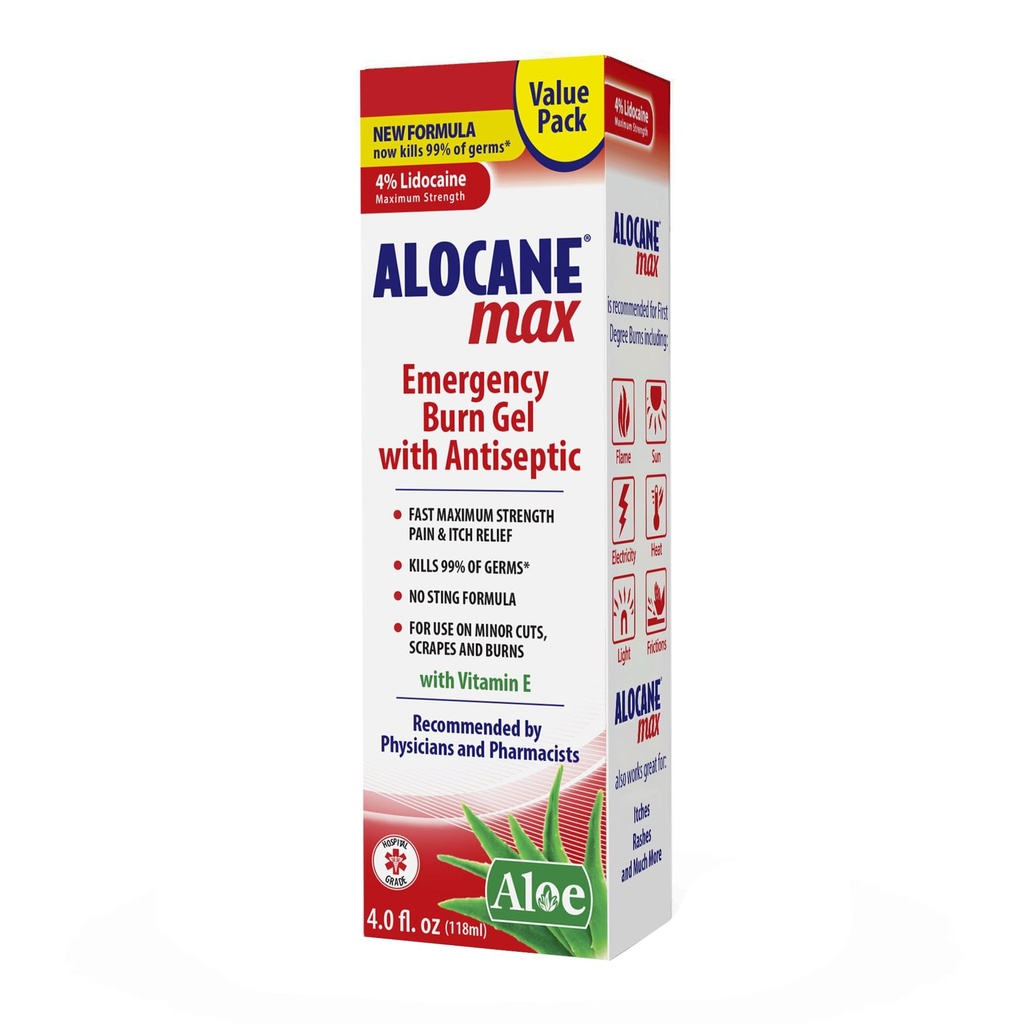 Alocane Max Emergency Burn Gel, 4% Lidocaine 氯化氢, 13% Benzalkonium 氯化物, 最大强度减量, 痒减量, 对太阳灼伤, 厨房, 辐射, 化学, 第一级烧伤, 4 Fl Oz