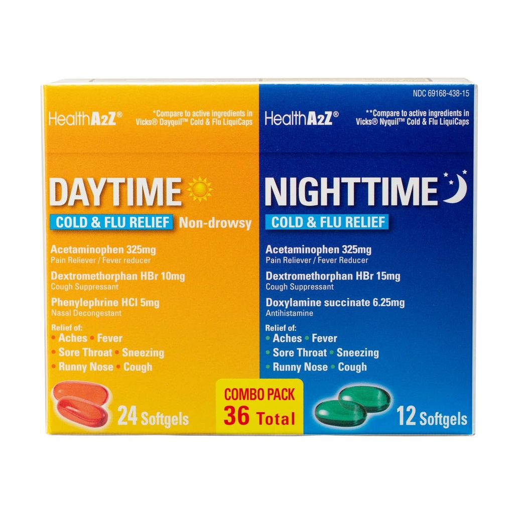健康 A2Z® 日间和夜间 | 寒冷和流体医学 | 强大的多音节 日间和夜间救济 (24天和12夜软胶)(日间和夜间 Combo(36 Counter Pack of 1))