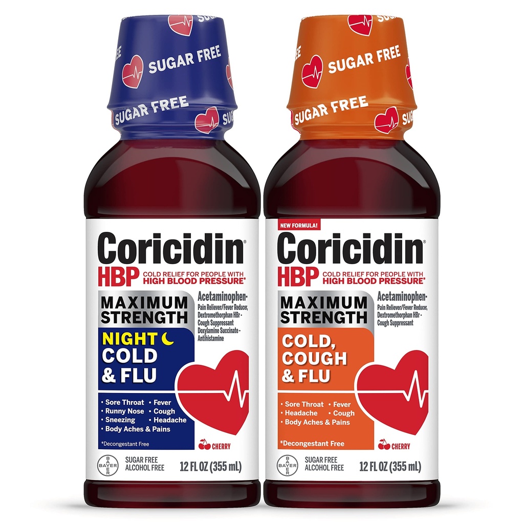 Coricidin HBP 最大强冷和流感日与夜无糖液双包,无十进制-无高血压成年人冷药 - 12 Fl Oz(包2)