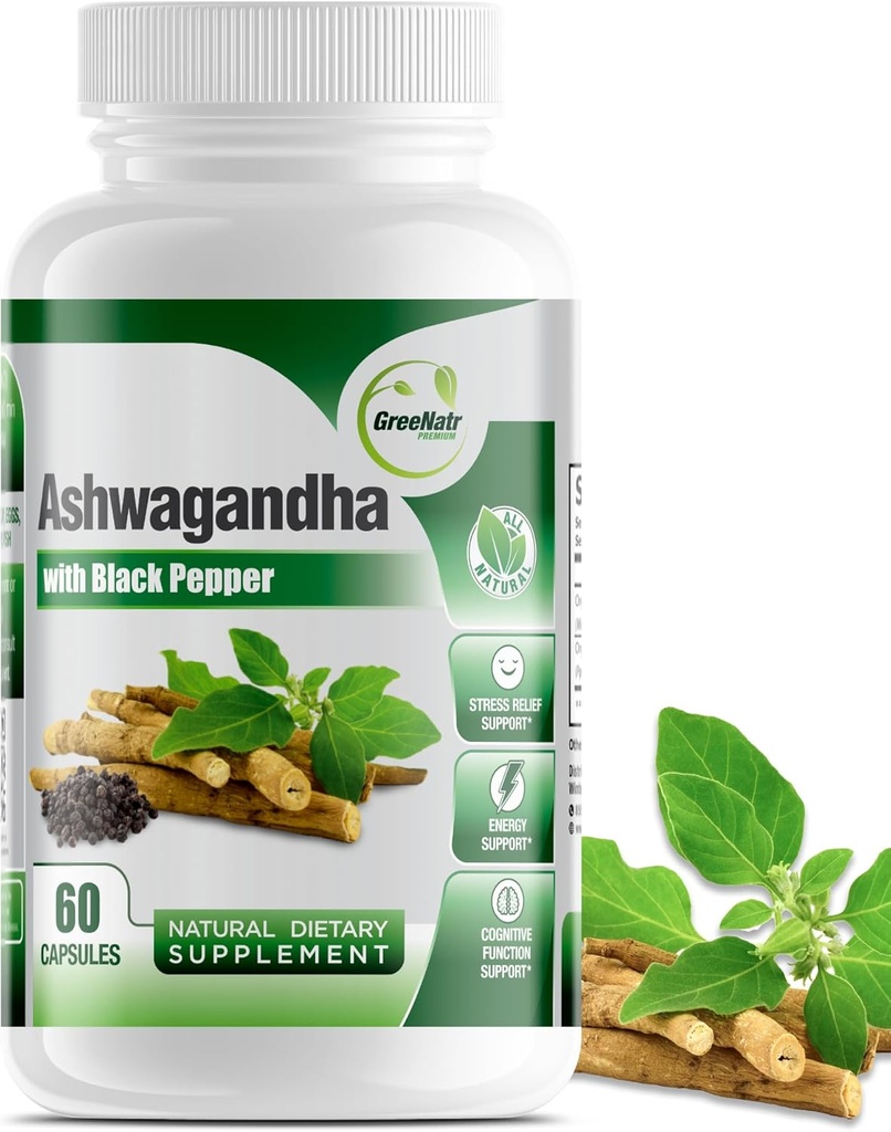GreeNatr 有机Ashwagandha Capsules 与黑色胡椒加固吸收-具有能量和认知功能的Mood增强剂-1300毫克 Veggie Capsules(1瓶)