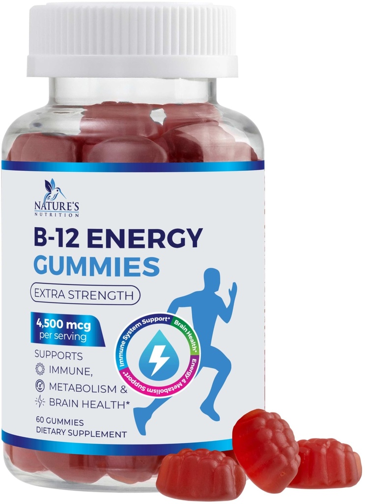 B-12 维生素能量Gummys 4500mcg - 特强B12 Gummy Chewables for Energy Metabolism & Immune Supports - 女性,男性, & Kids的饮食补贴 - 非GMO,Vegan,Berry Flavor - 60 Counter