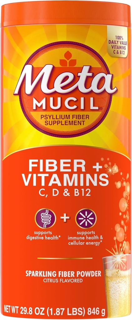 Metamucil Sparkling Fiber Supplement + Vitamins, Plant Based Psyllium Husk Powder with Vitamins C, D & B12, Daily Fiber Supplement for Digestive Health, Citrus Flavored, Sugar-Free, 90 Servings