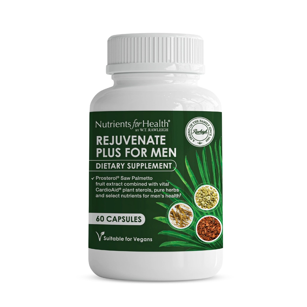 Rawleigh Rejuvenate Plus for Men: 60 Vegan Capsules → 高角320mg Saw Palmetto → 南瓜种子,Pygeum Bark → Plant Sterols, Lycopene & Rosemary → 前列腺健康支持补编
