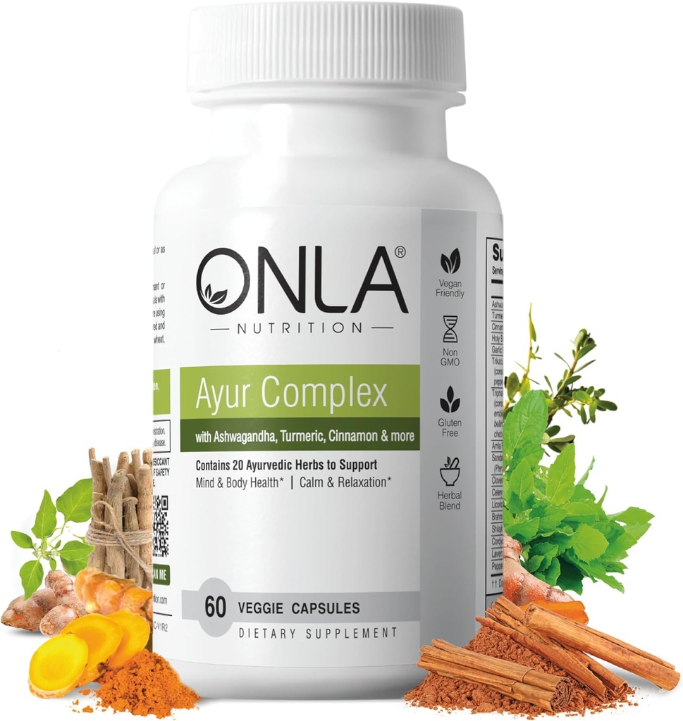 ONLA Vegan Ayurveda 草药补充剂(20-in-1 Herbal Capsules) - 与 Ashwagandha, Cinnamon, Triphala, Brahmi 的图尔克补充剂 - 天然原料,草药能源补充剂(60 Cap)