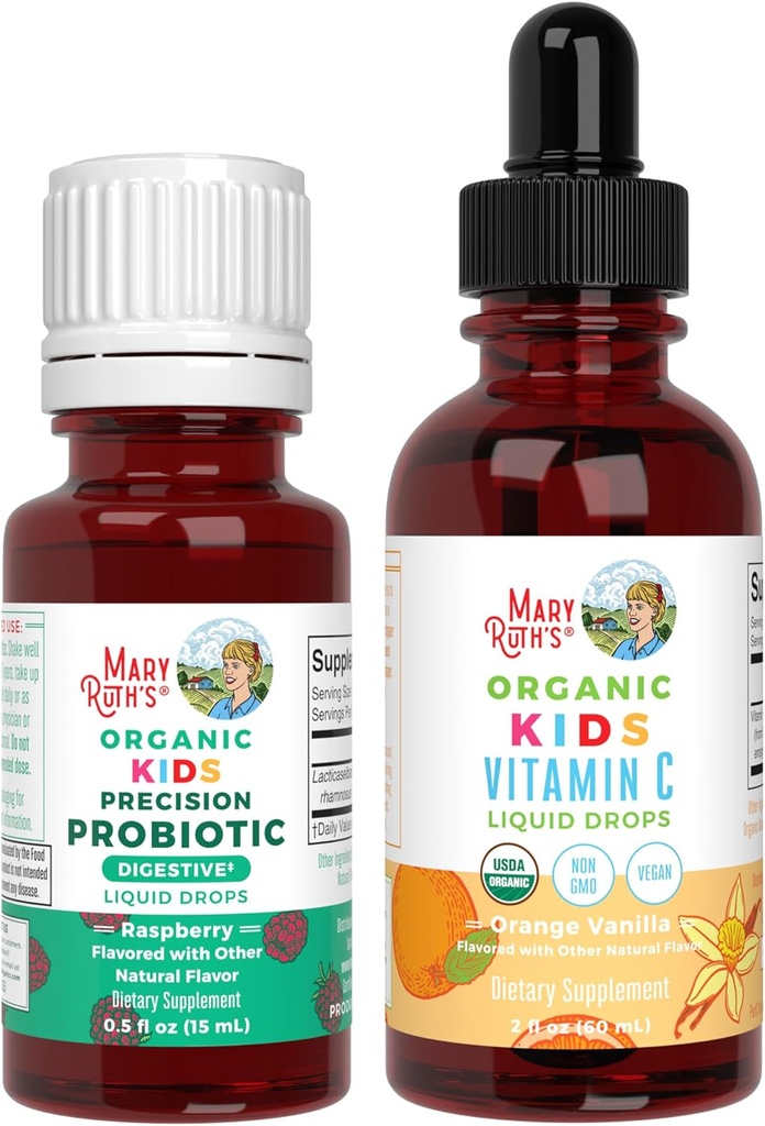 MaryRuth Organis Precise Probiotic and Vitamin C Drops for Kids Official USDA Official, Clean Label Project 校对:Gut 健康、免疫支持、和总体健康 维冈、非GMO、无葡萄酒