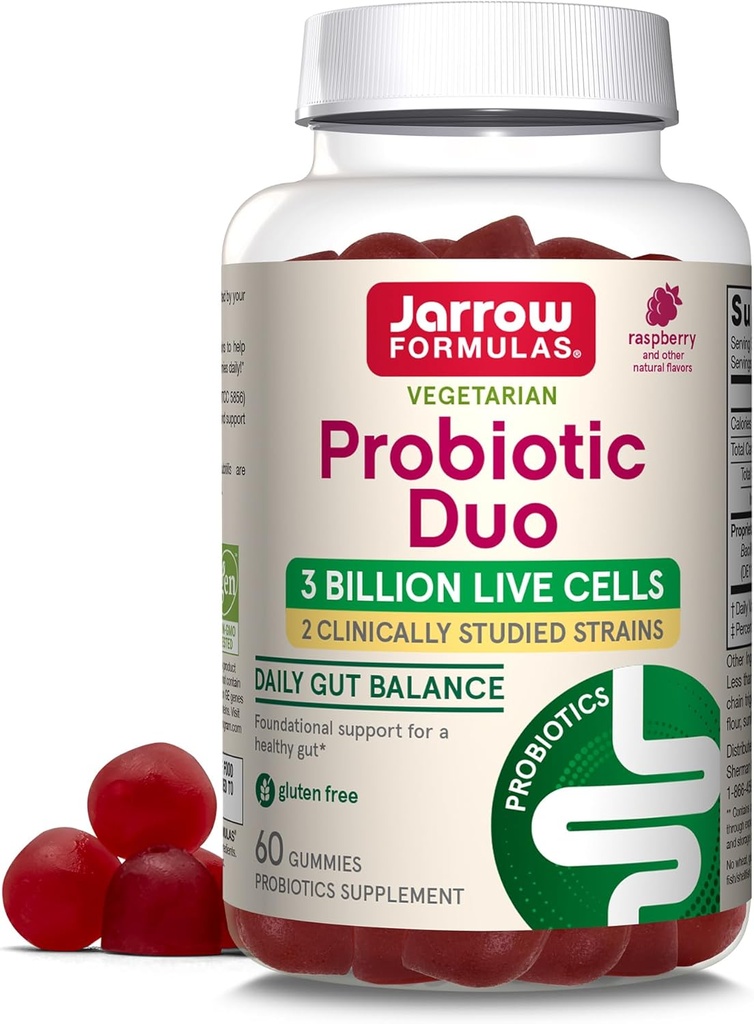 Jarrow Formules + Probiotic Duo,3亿个用于免疫健康和消化支持的活细胞补充,60个Raspberry Flavor Probiotic Gummys,30天供应