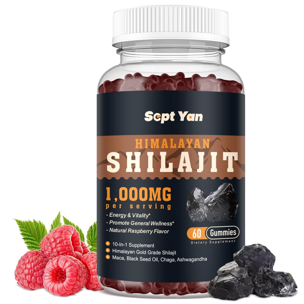 Shilajit Gummys 1000mg -- -- Shilajit 纯喜马拉雅男女生物 85+ 轨迹矿物 Shilajit Resin with Ashwagandha, Maca, 黑种子油 - 能源,脑,豁免,无糖草莓 60ct