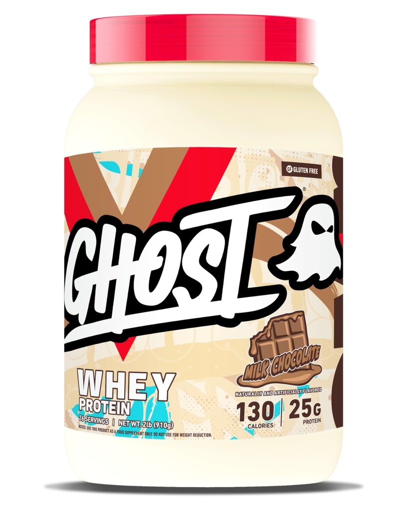 GHOST Whey Protein Powder, Milk Chocolate - 2LB, 25G of Protein - Whey Protein Blend - ­Post Workout Fitness & Nutrition Shakes, Smoothies, Baking & Cooking - Soy & Gluten-Free