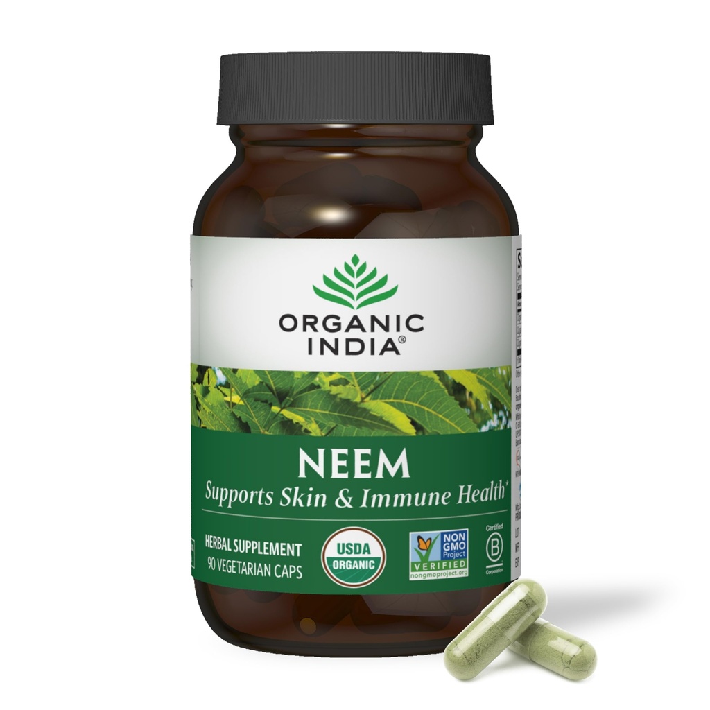 ORGANIC INDIA Neem Leaf Capsules - 草药补充剂,支持皮肤和免疫健康,Vegan,Gluten Free,USDA认证有机体 - 90个