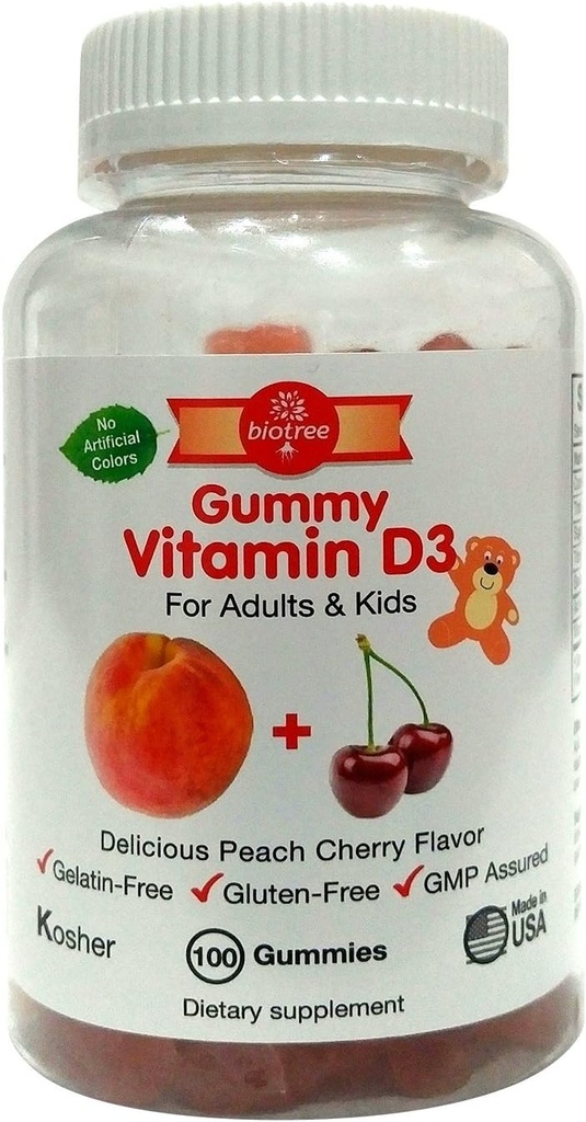 BioTree Labs 维生素D Gummy Bears - Pack of 100,面向成人和孩子 |桃和樱桃 Flawared Chewable Vitamin D3 → Great for Health Bones, teeth, Immune System, Brain and nervoous System