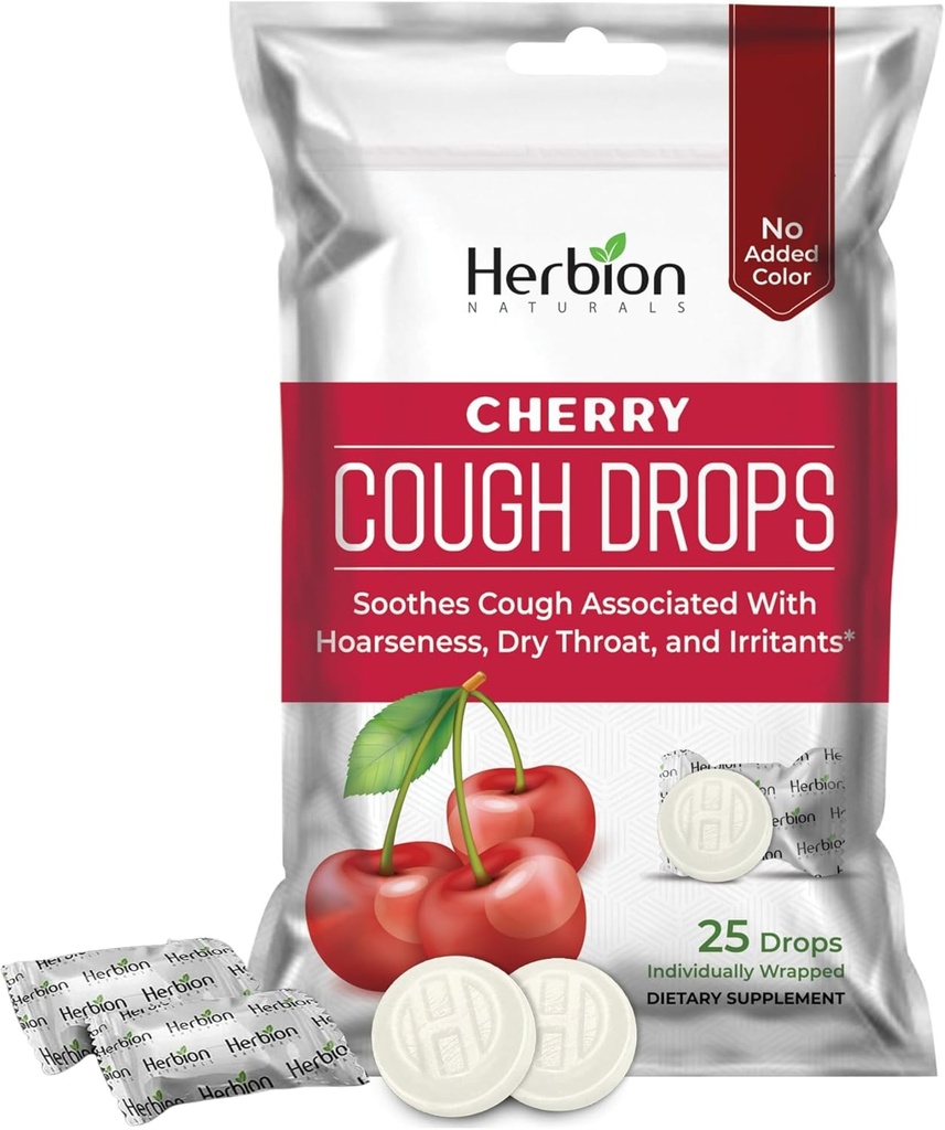 HERBION Naturals Cough Drops with Natural Cherry Flavor, 饮食补充,Soothes Cough, 适用于6岁以上的成人和儿童,25个Drops, 无人工Flavor, 包1