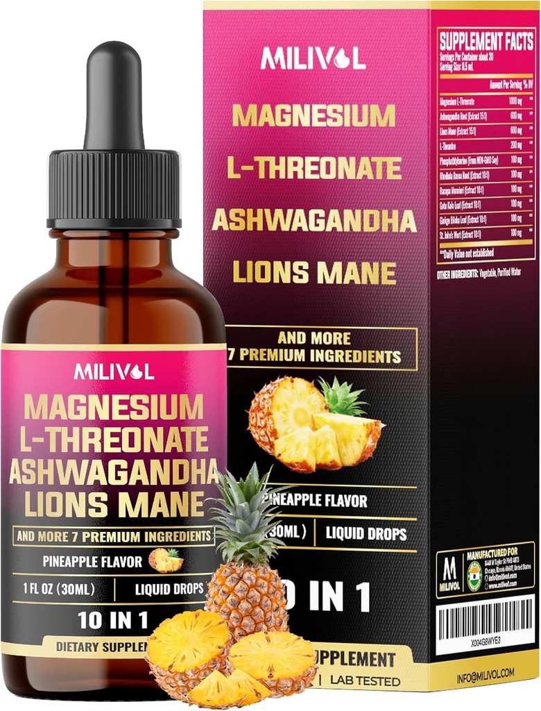 10in1 硫化镁 L-硫酸甘油液滴与 Ashwagadha, Lions Mane & 7 More Herbals - 1 Fl Oz - Pineapple Flavor